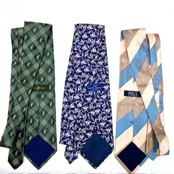 3 Neckties Polo Club 100% Silk green brown  blue pink striped Polo Horses  (67) - Picture 6 of 10